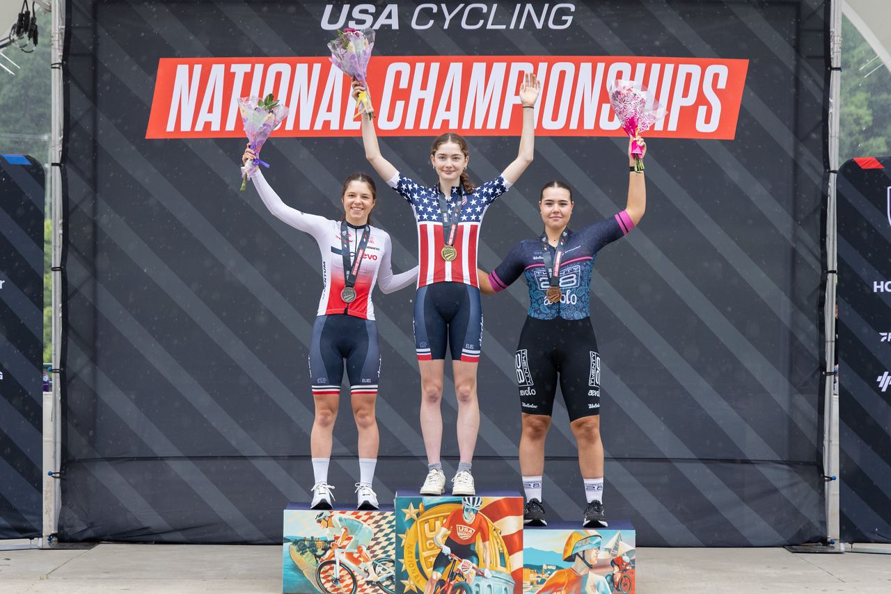 Women's 17-18 junior time trial podium, with Liliana Edwards earning the stars-and-stripes jersey