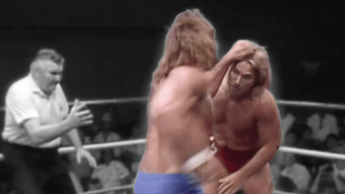 Kerry Von Erich laying it in on Terry Taylor at a May 21st, 1988 WCCW taping. Moments like this in the ring with the Von Erich brothers would lead to Taylor waiting backstage, battered, furious, and gripping a broomstick, ready to confront Kevin Von Erich.