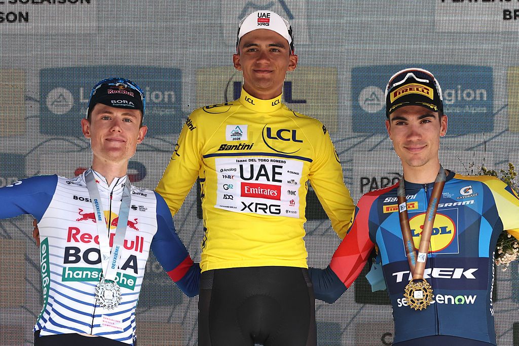 Luke Tuckwell, Isaac del Toro, and Juan Ayuso on the final podium of the 2026 Tour Auvergne-Rh&ocirc;ne-Alpes